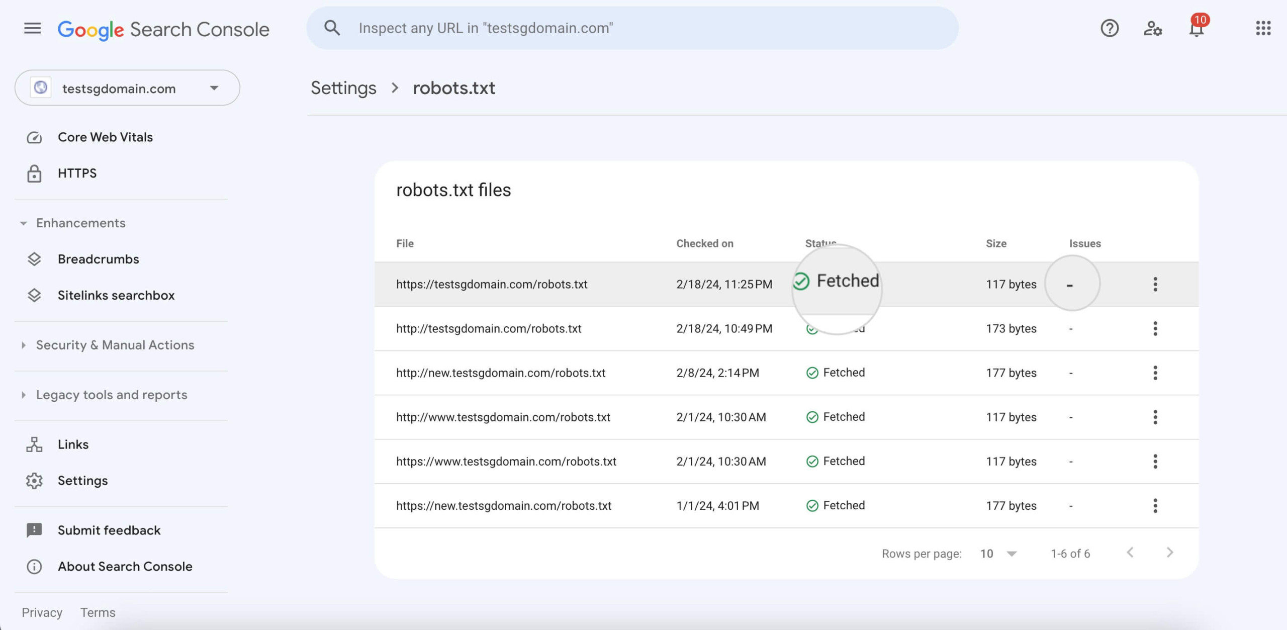 Google Search Console reports page showing robots.txt analysis. 