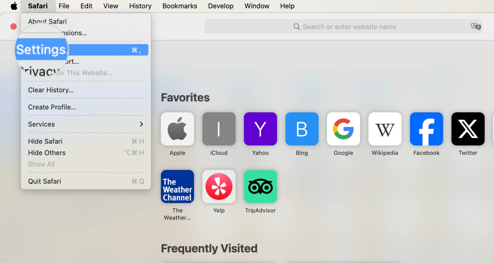 Settings menu in Safari