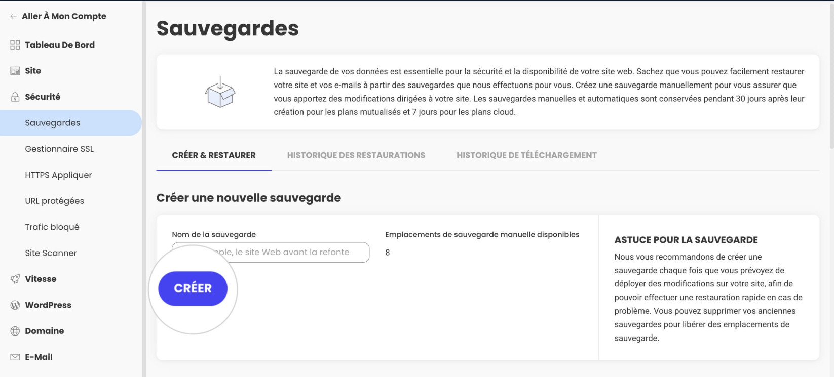 Comment créer une sauvegarde dans Site Tools