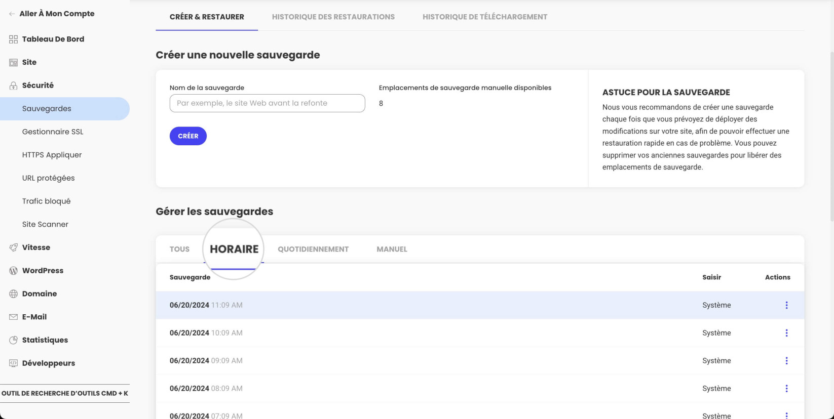 Sauvegardes horaires dans Site Tools
