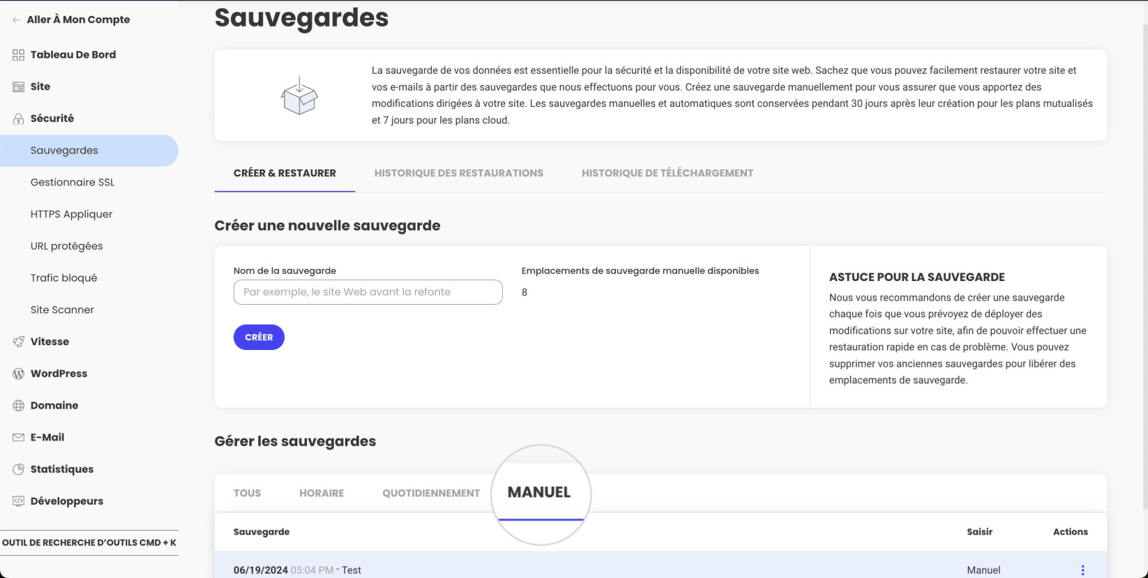 Sauvegardes manuelles dans Site Tools