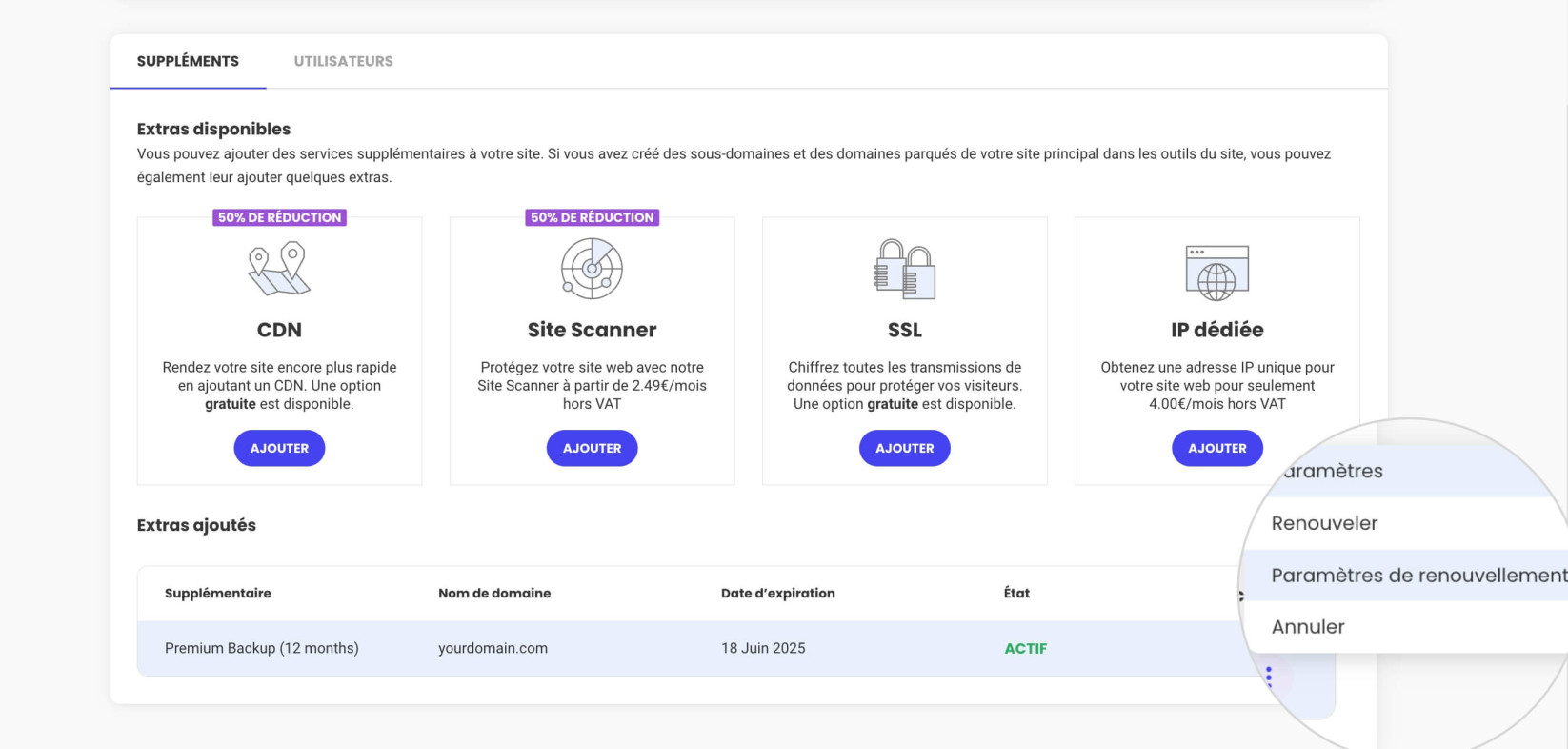 Paramètres de renouvellement pour un service de Sauvegarde Premium