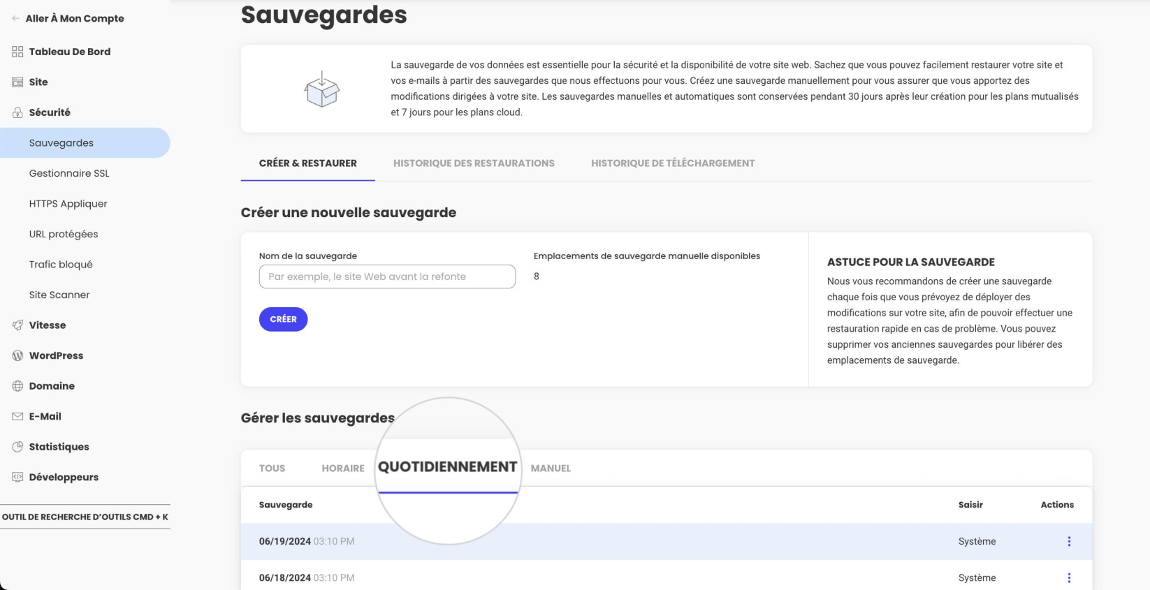 Sauvegardes automatiques quotidiennes dans Site Tools