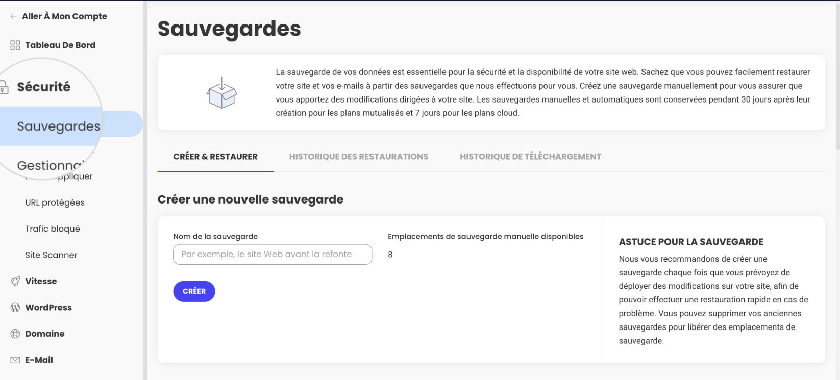 Sauvegardes dans Site Tools