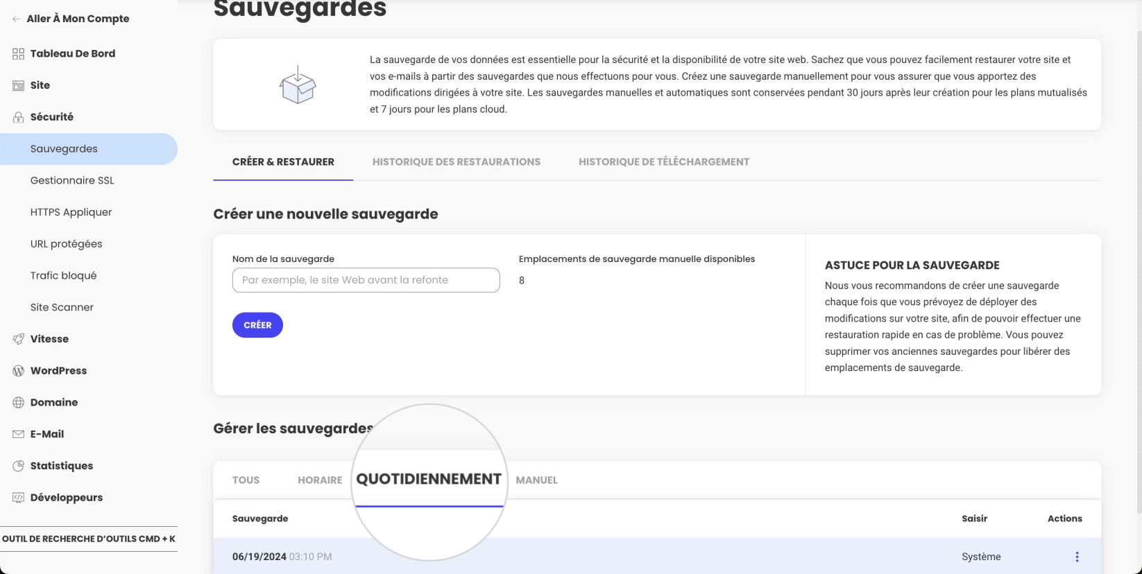 Section Sauvegardes quotidiennes dans Site Tools