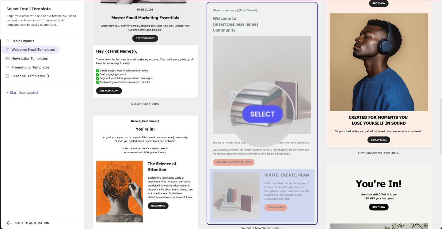 Selecting an email template for Email Automation