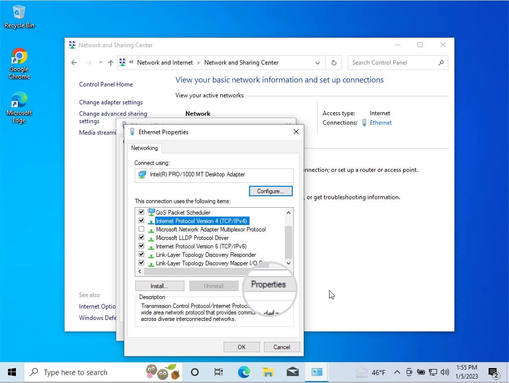 Network properties in Windows