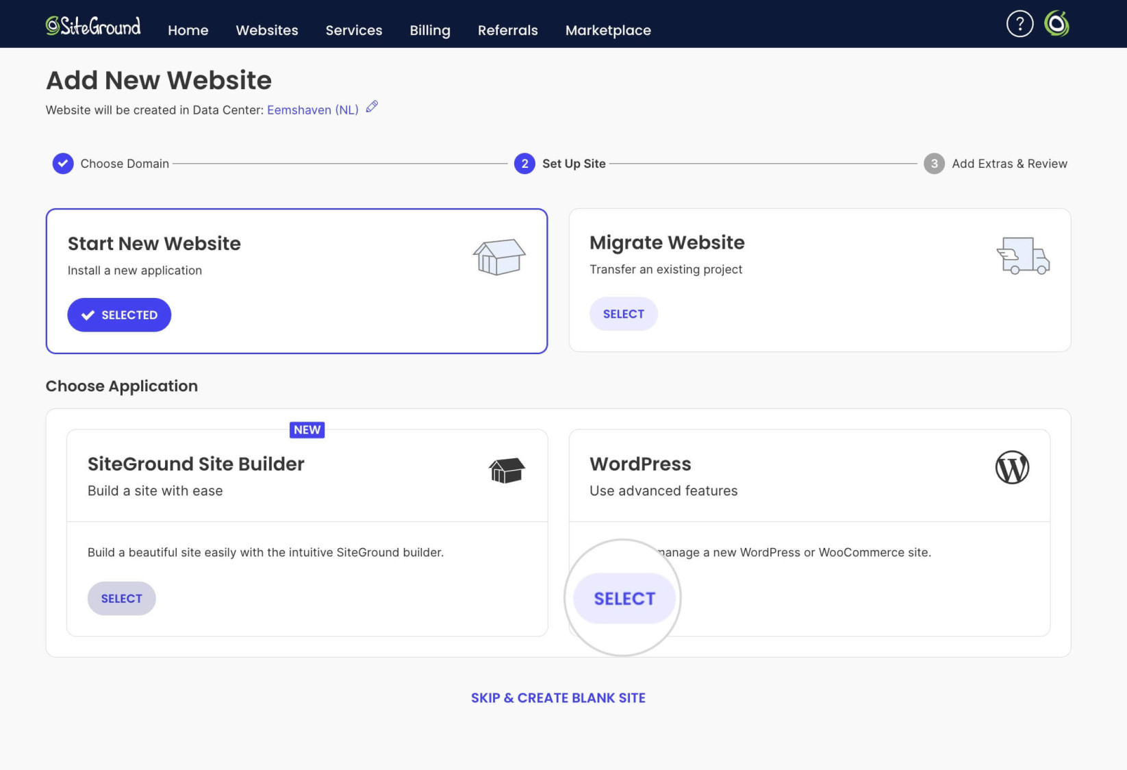 How to select WordPress as a new website