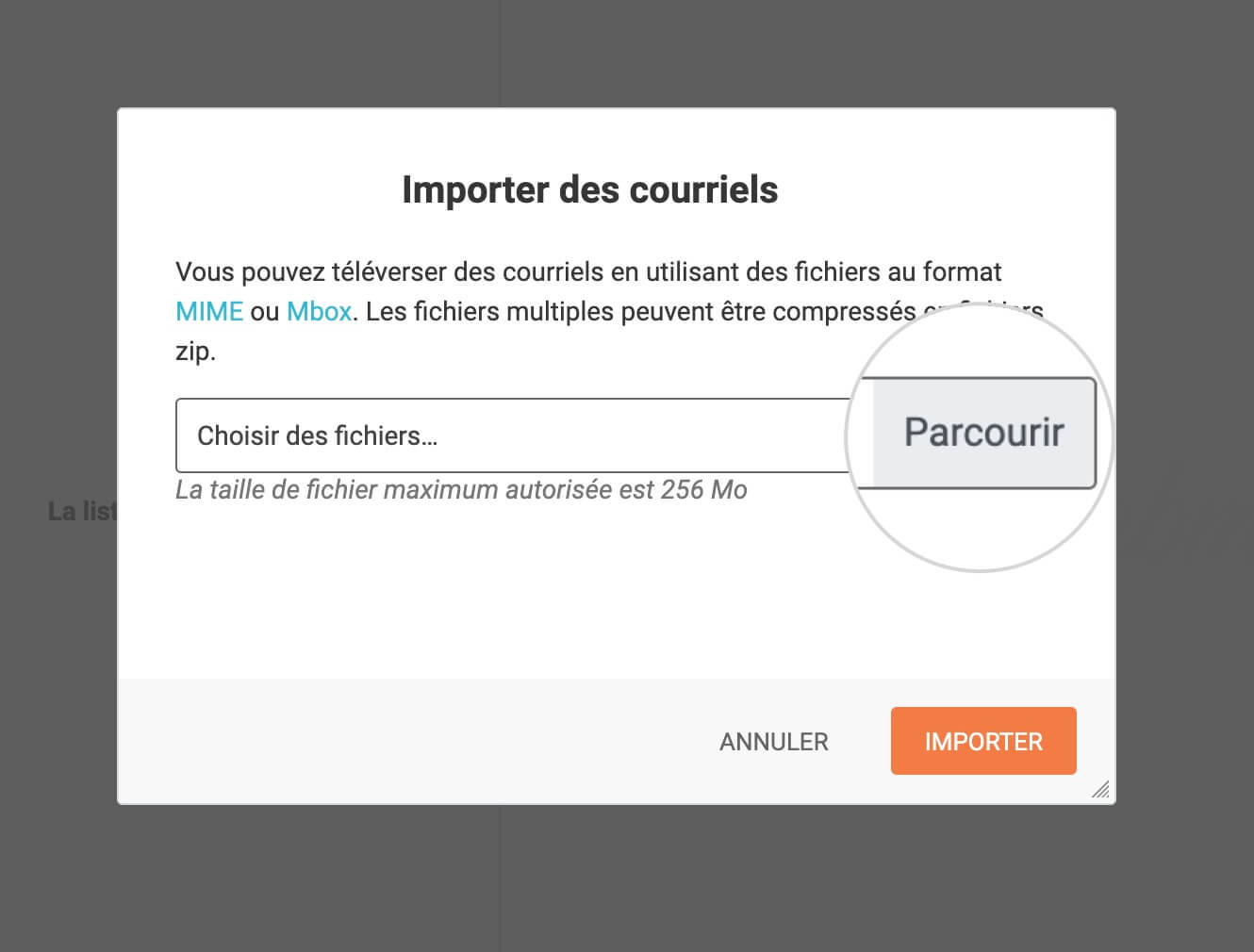 Sélecteur de fichiers pour l'importation d'e-mails dans Webmail 