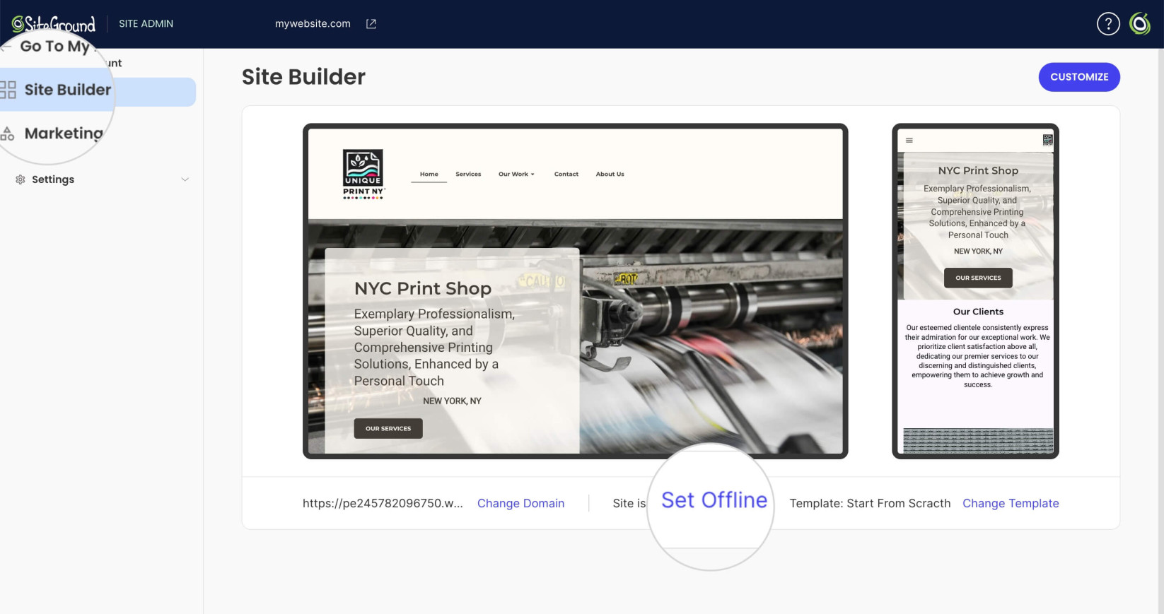 How to set offline a Site Builder website
