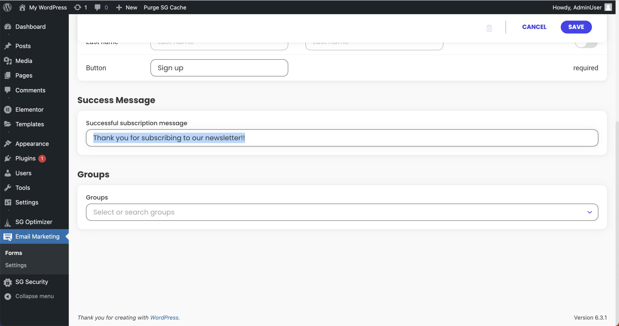 How to set a Success message for a form in the Email Marketing plugin