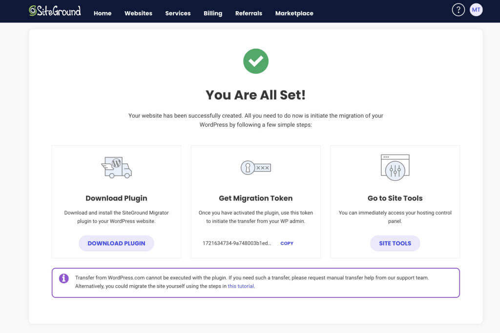 Screenshot of the confirmation message, “You’re all set!”, displayed after completing website setup, with options to download the migrator plugin, copy the migration token, or visit the hosting dashboard.
