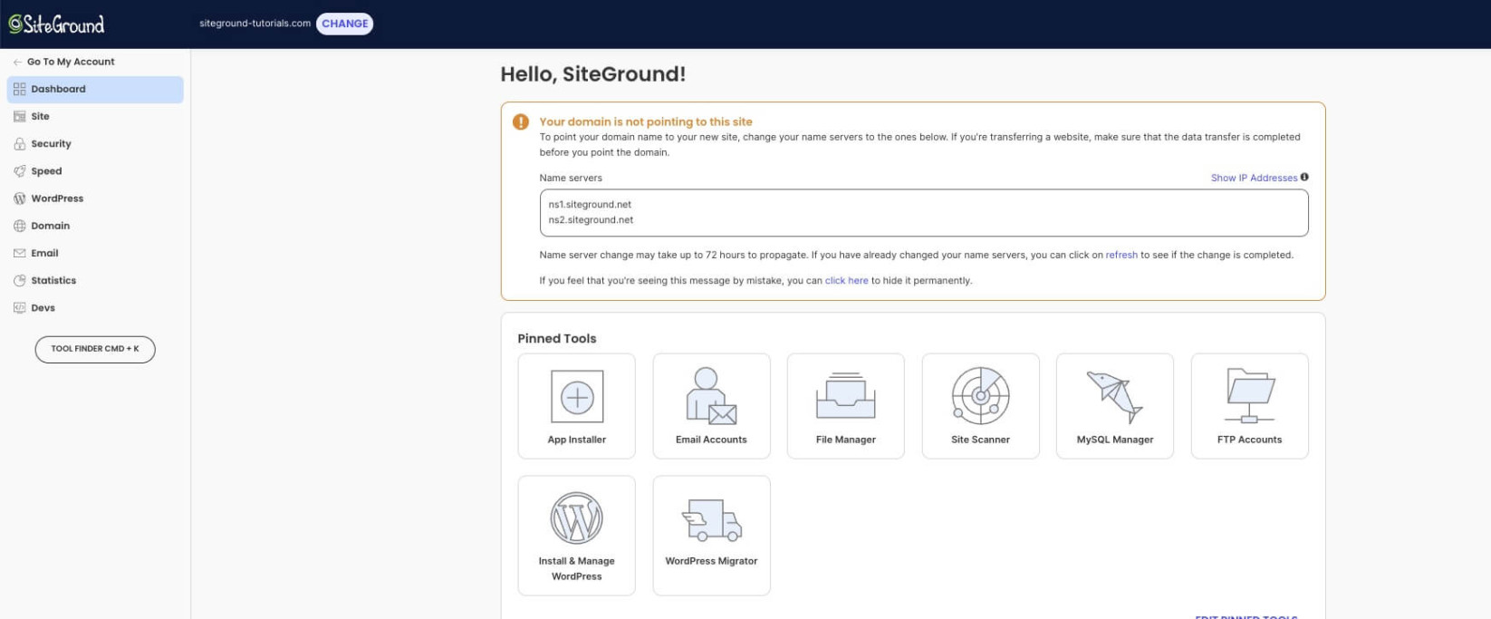 DNS warning in Site Tools