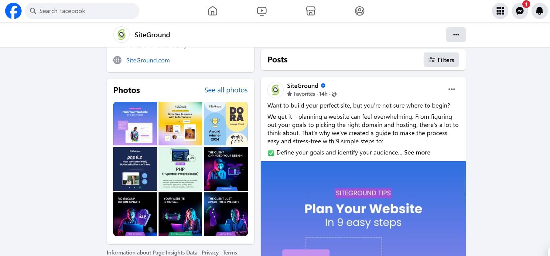 Screenshot displaying dynamic website elements on SiteGround's Facebook feed
