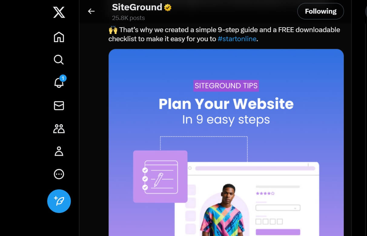Screenshot of the dynamic website features on SiteGround's X feed