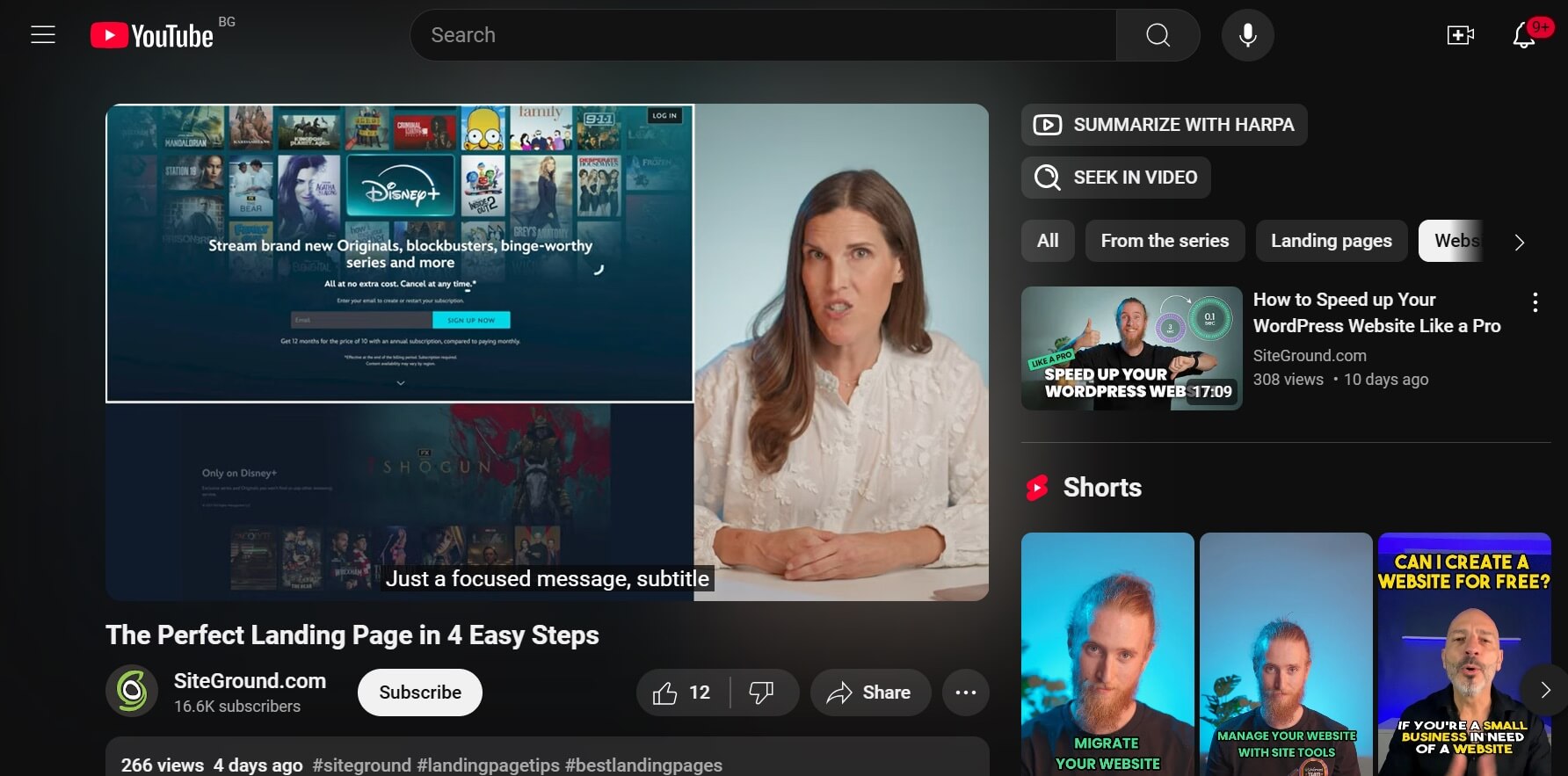 Screenshot highlighting dynamic content on SiteGround's YouTube feed