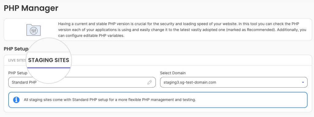 A screenshot of SiteGround's Site Tools dashboard PHP manager, where you can change the PHP settings of a staging site.