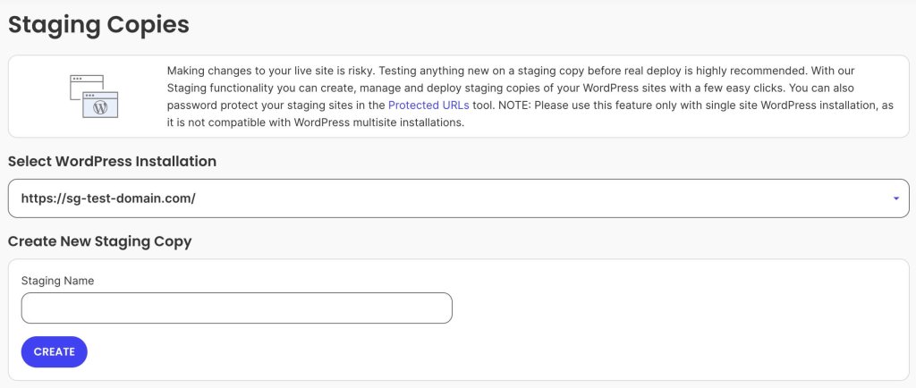 A screenshot of SiteGround's Site Tools dashboard page, where you can create a Staging copy of your WordPress site.