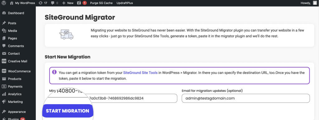 A screenshot of the SiteGround Migrator plugin settings, highlighting the “Start Migration” button.
