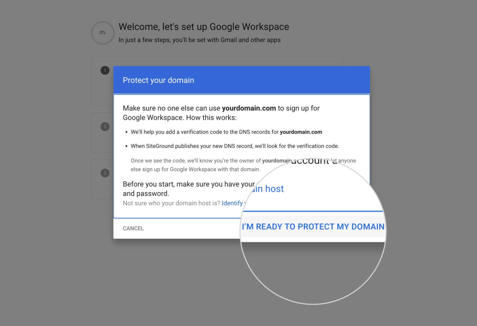 Confirming the initiation of the Google Workspace verification