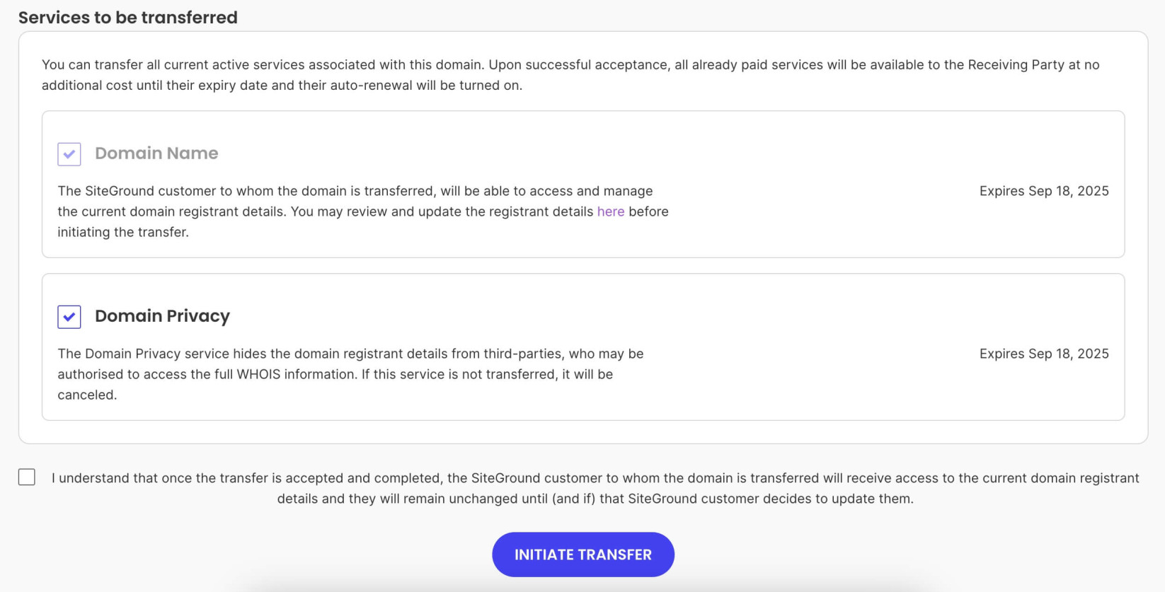 A screenshot of the initiate transfer page where you can start the outgoing transfer and choose which domain extras to move along with the domain.