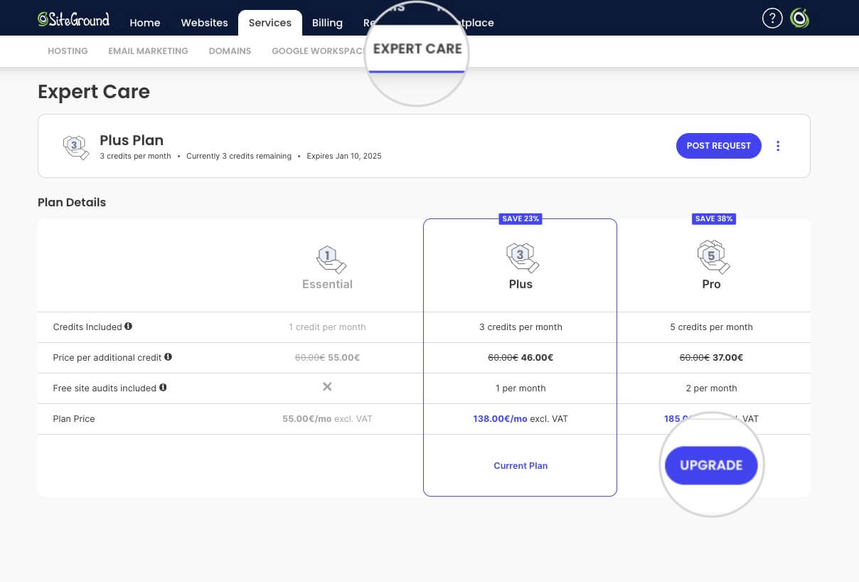 Upgrade of Expert Care subscription plan