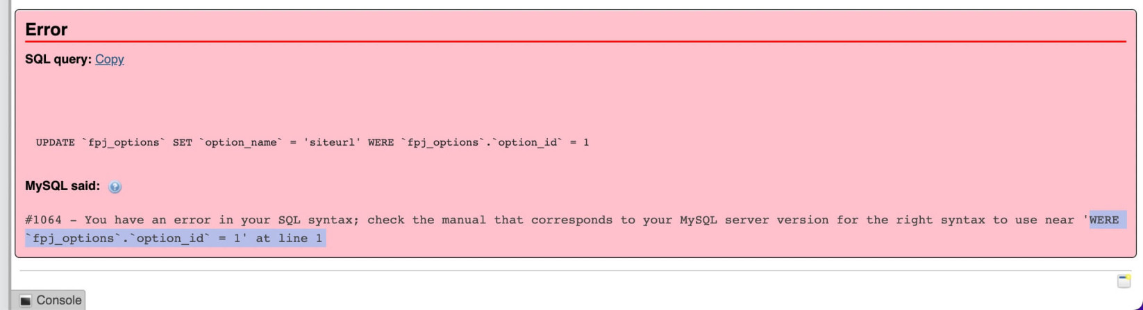 Vérifiez le message pour l'erreur SQL 1064