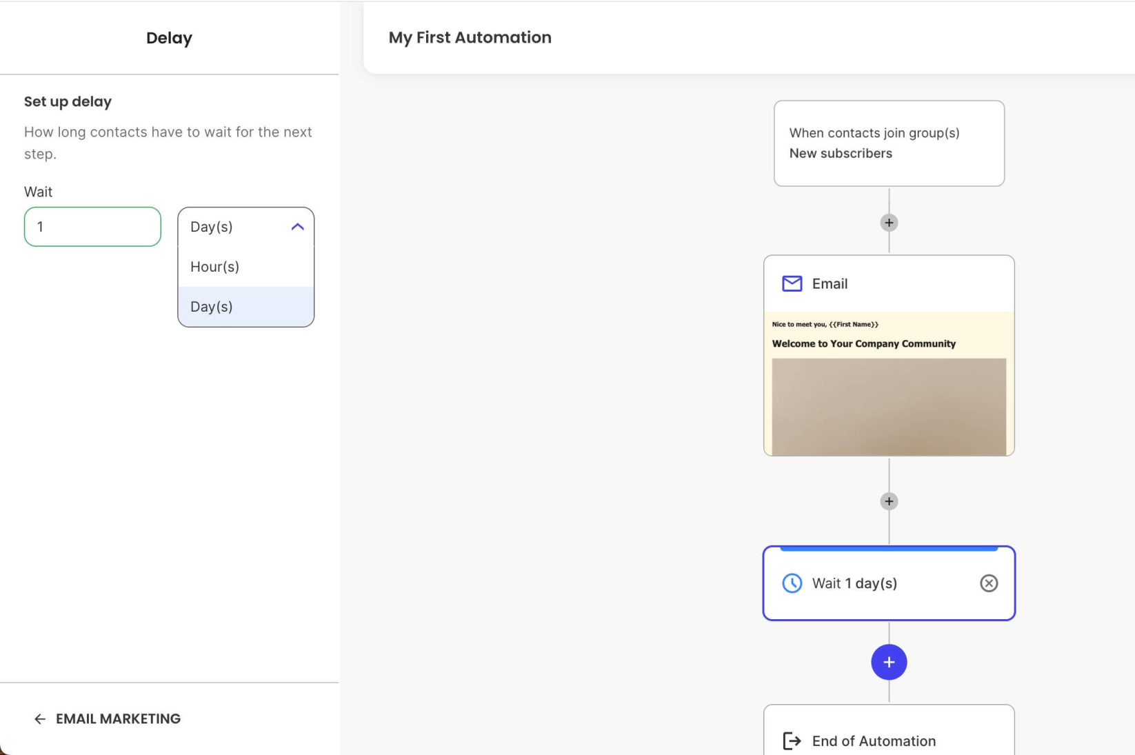Setting the delay time in Email Automation