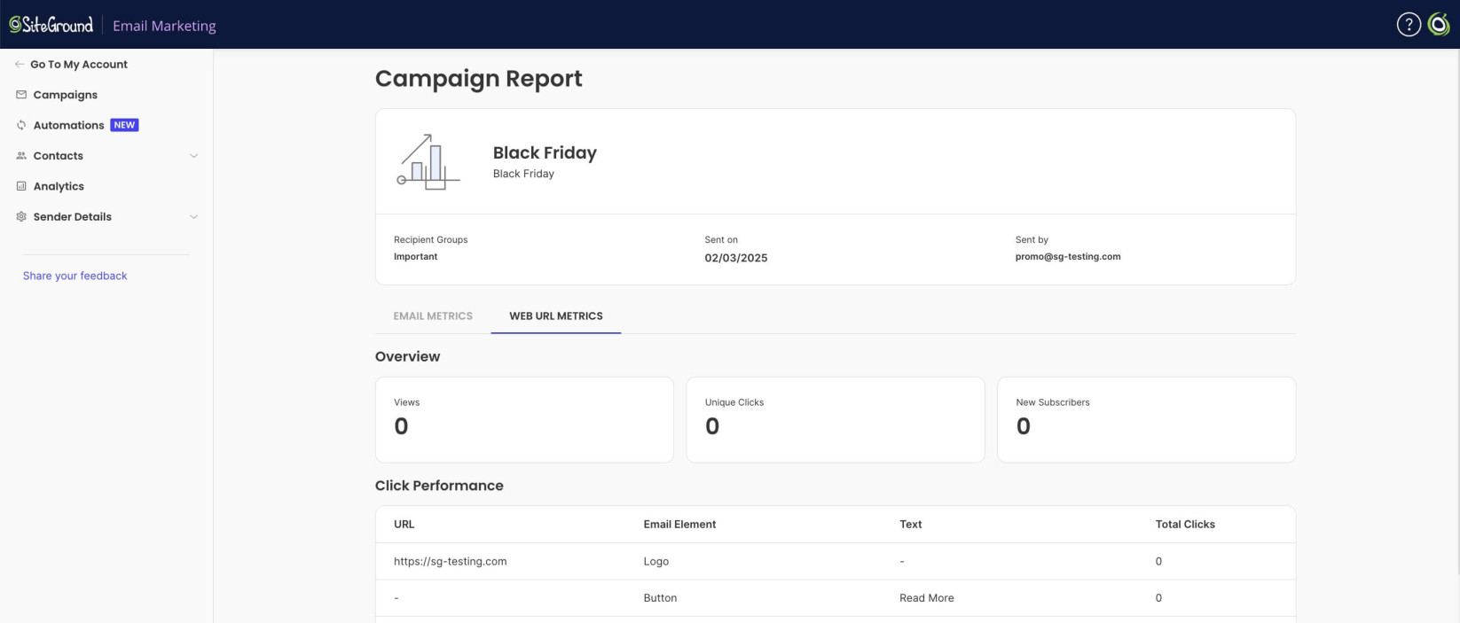 Web Version Page Statistics in SiteGround Email Marketing
