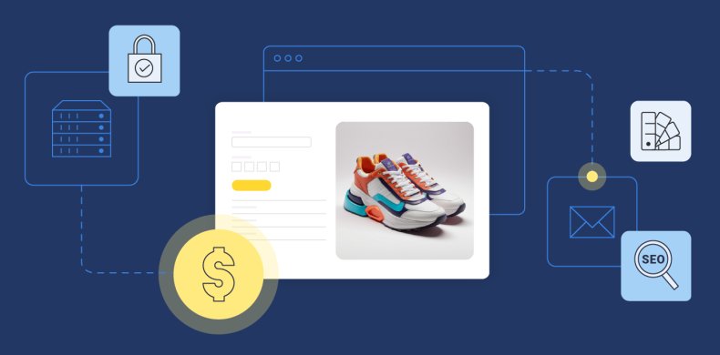 website and around it icons of a dollar sign, color palette, SEO, security to represent website cost