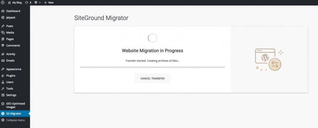 Screenshot of the SiteGround Migrator plugin’s transfer progress page, displaying the current stage of an ongoing website migration.