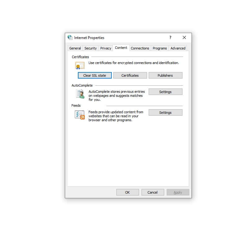 Internet Properties dialog on Windows showing the Content tab. The section includes a 'Clear SSL State' button under Certificates and settings for AutoComplete and Feeds.