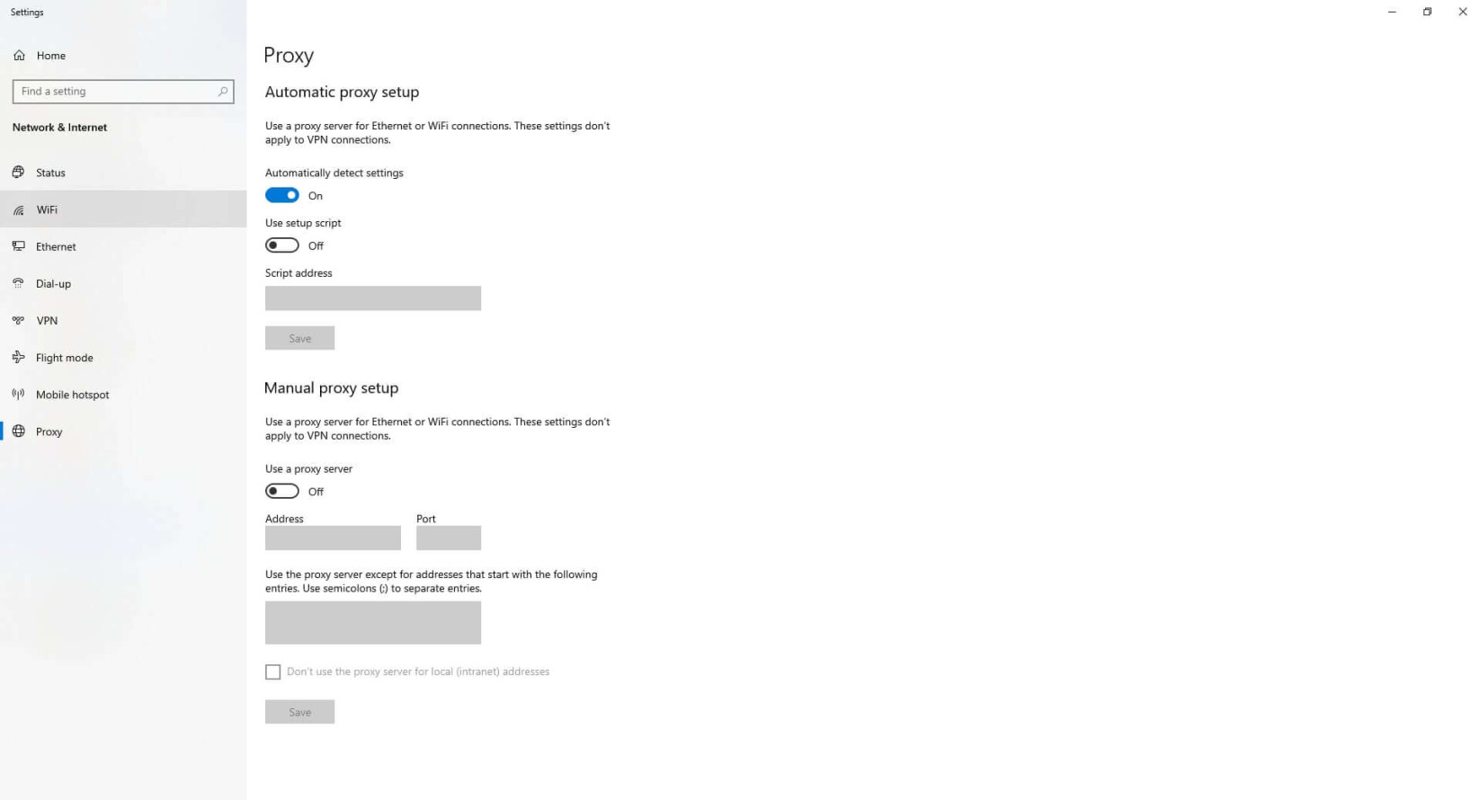 Windows network proxy settings screen. Includes sections for automatic proxy setup with options to automatically detect settings or use a setup script, and manual proxy setup with fields for address and port.