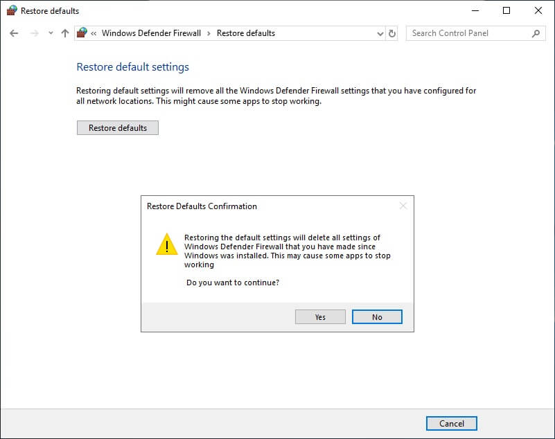 A screenshot of Windows Defender Firewall settings and the option to reset firewall to default.