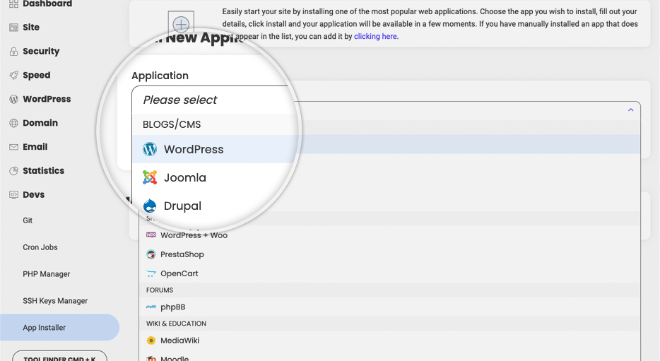 How to install WordPress or another application in Site Tools