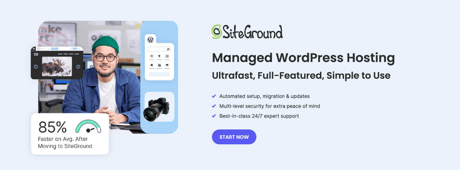 A promotional banner for SiteGround’s Managed WordPress Hosting, highlighting ease of use, speed, security and support.