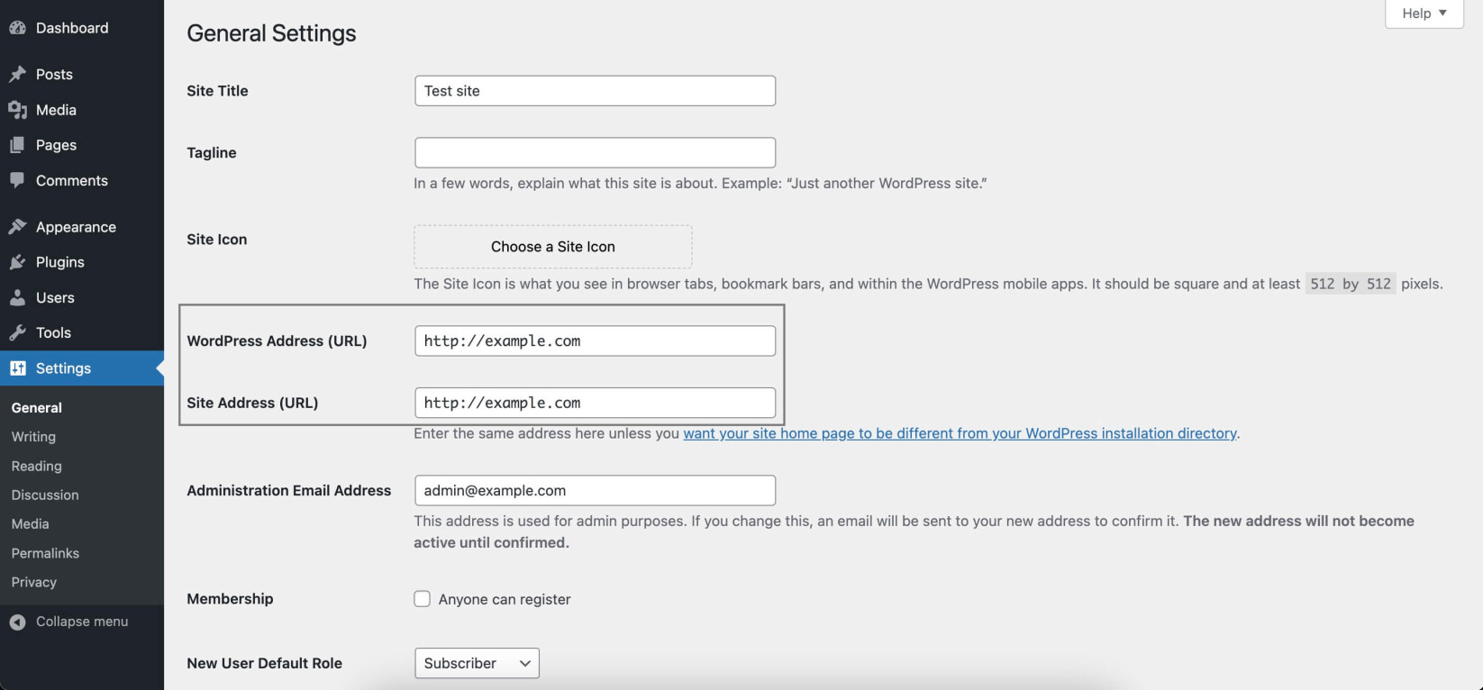 WordPress General Settings page. Highlighted options to edit the WordPress Site and Home URLs.