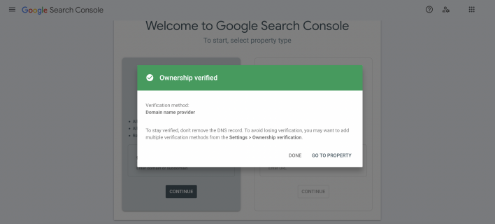 Domain ownership successfully verified (message pop-up)