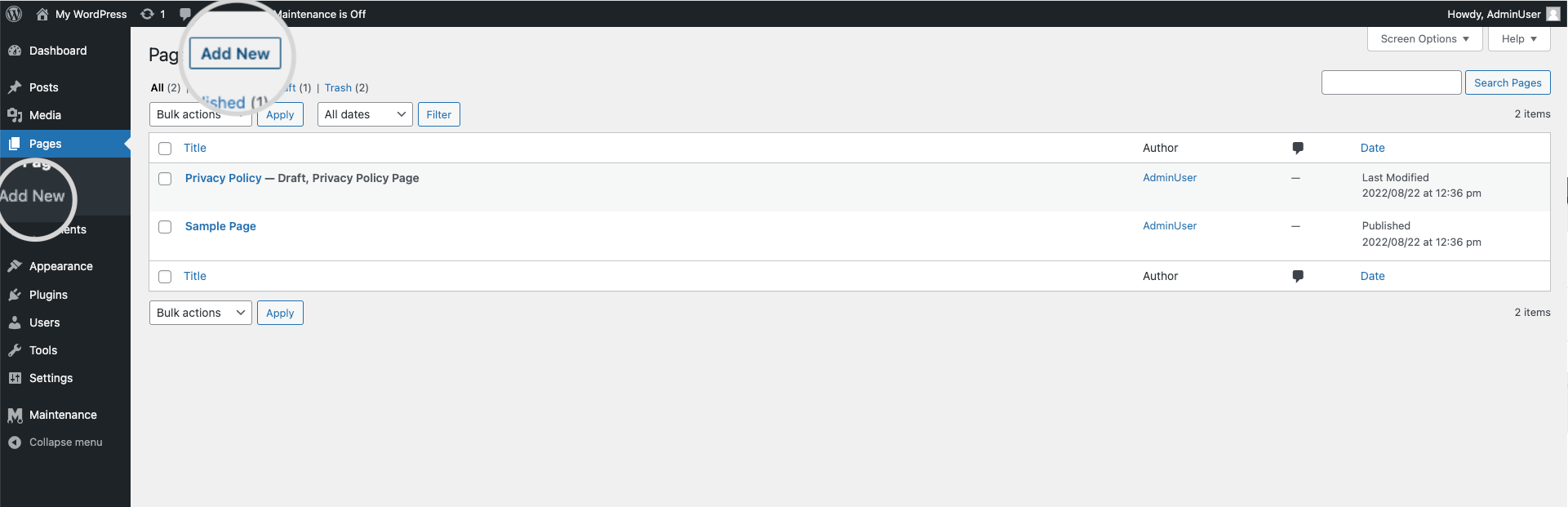How to add a new page in WordPress