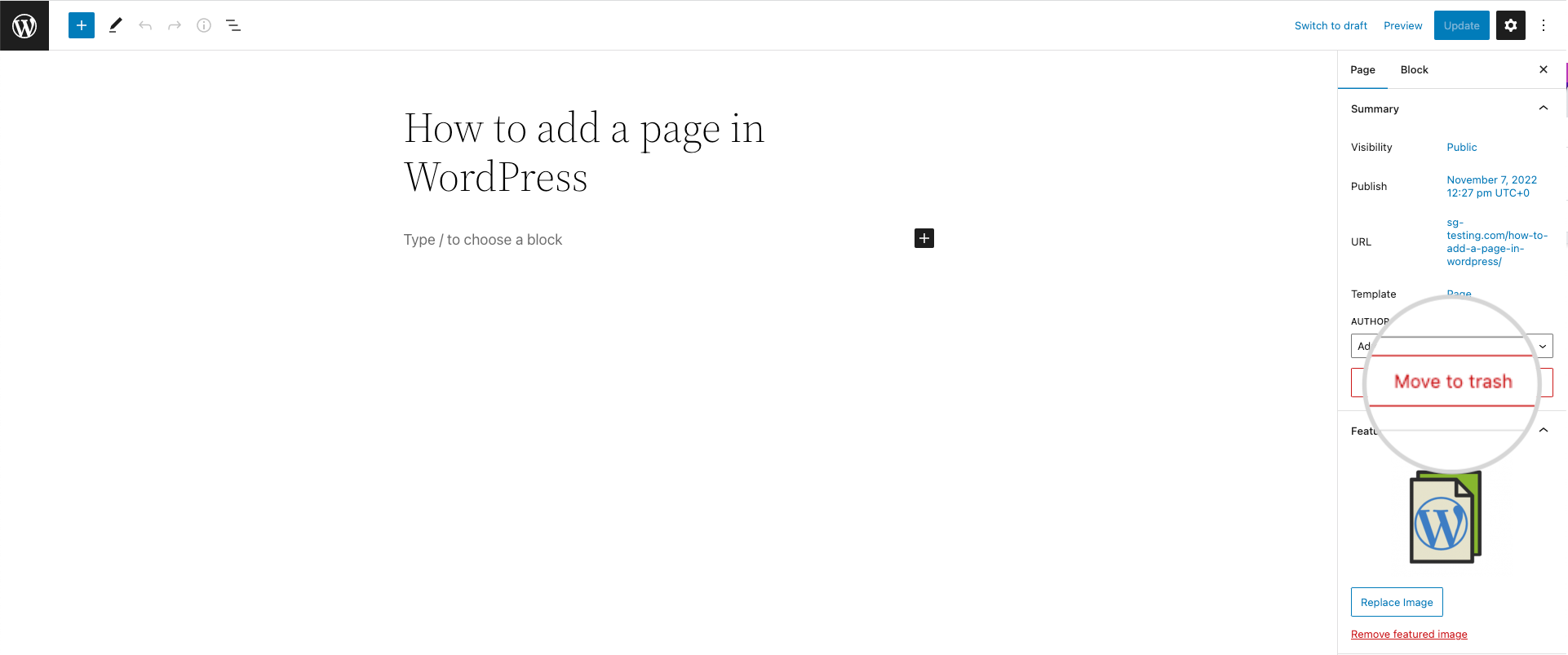 How to delete a page from the WordPress Editor