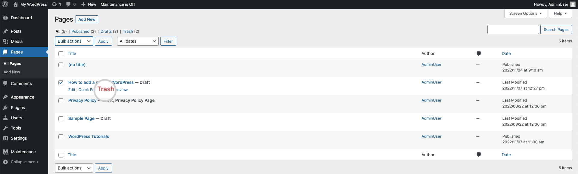 How to delete a page in WordPress