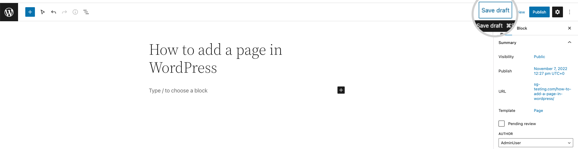 How to save a draft of a page in WordPress