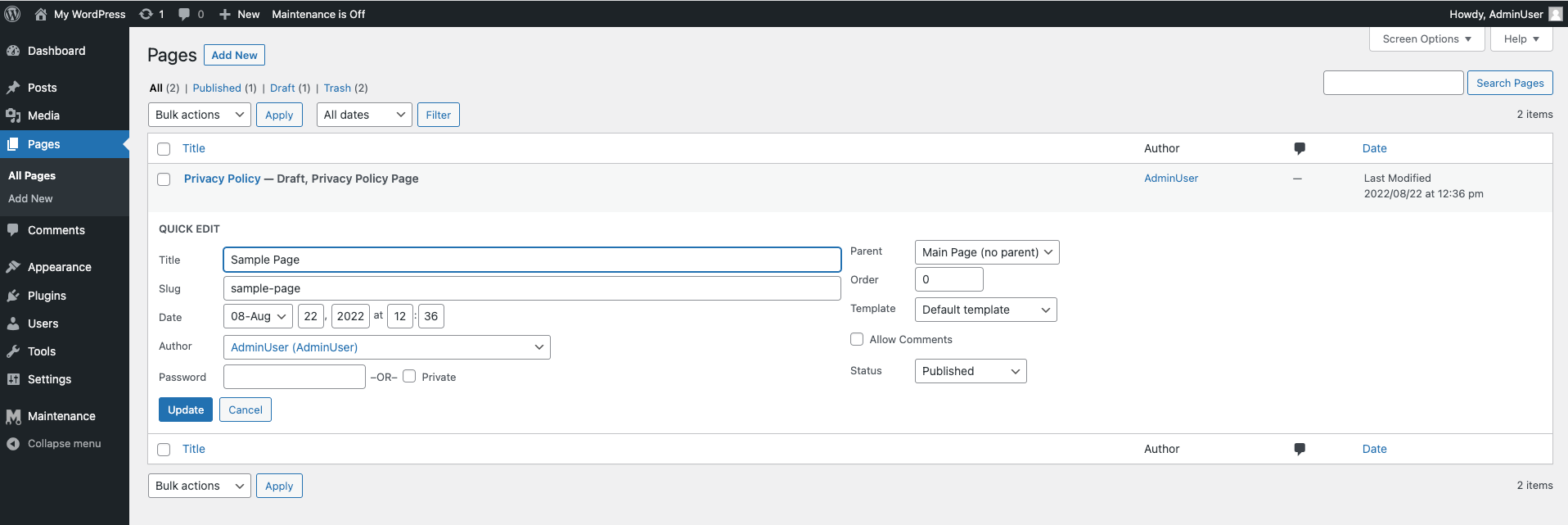 Quick Edit for WordPress pages