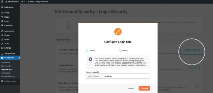 Custom WordPress Admin Login URL SG Security